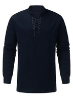 Men's Woven Retro Lace Up Casual Long Sleeve Shirt with Stand Collar - Ladoj