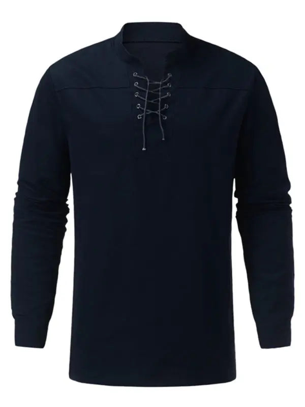 Men's Woven Retro Lace Up Casual Long Sleeve Shirt with Stand Collar - Ladoj