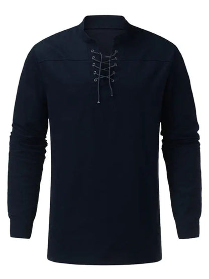 Men's Woven Retro Lace Up Casual Long Sleeve Shirt with Stand Collar - Ladoj