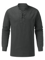Men's Woven Retro Lace Up Casual Long Sleeve Shirt with Stand Collar - Ladoj