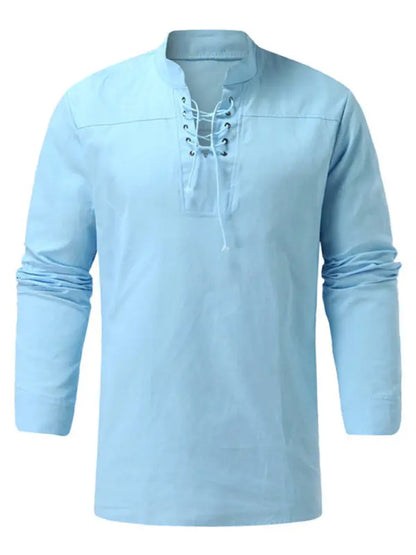 Men's Woven Retro Lace Up Casual Long Sleeve Shirt with Stand Collar - Ladoj