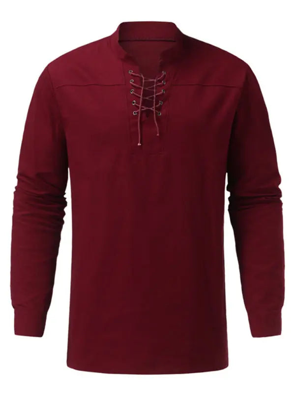 Chemise décontractée à manches longues et col montant pour homme, style rétro tissé et à lacets  Image secondaire du produit