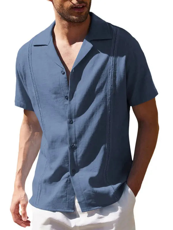 Men's Loose Casual Linen Shirt Cuban Guayabera Short Sleeve Beach Shirt - Ladoj