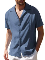Men's Loose Casual Linen Shirt Cuban Guayabera Short Sleeve Beach Shirt - Ladoj