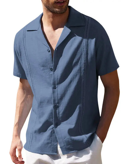 Men's Loose Casual Linen Shirt Cuban Guayabera Short Sleeve Beach Shirt - Ladoj