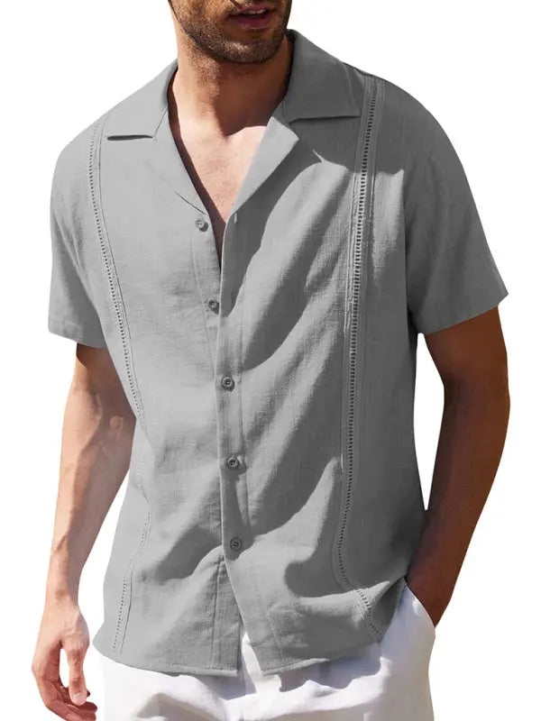 Men's Loose Casual Linen Shirt Cuban Guayabera Short Sleeve Beach Shirt - Ladoj