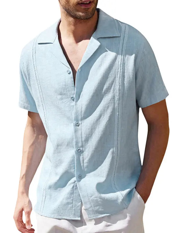 Men's Loose Casual Linen Shirt Cuban Guayabera Short Sleeve Beach Shirt - Ladoj