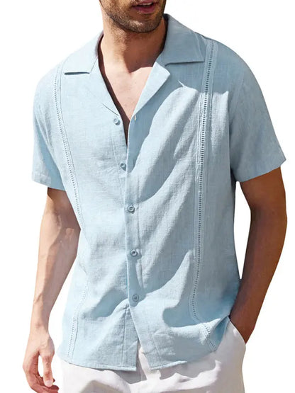 Men's Loose Casual Linen Shirt Cuban Guayabera Short Sleeve Beach Shirt - Ladoj