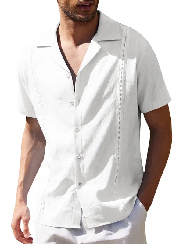 Men's Loose Casual Linen Shirt Cuban Guayabera Short Sleeve Beach Shirt - Ladoj