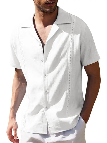 Men's Loose Casual Linen Shirt Cuban Guayabera Short Sleeve Beach Shirt - Ladoj