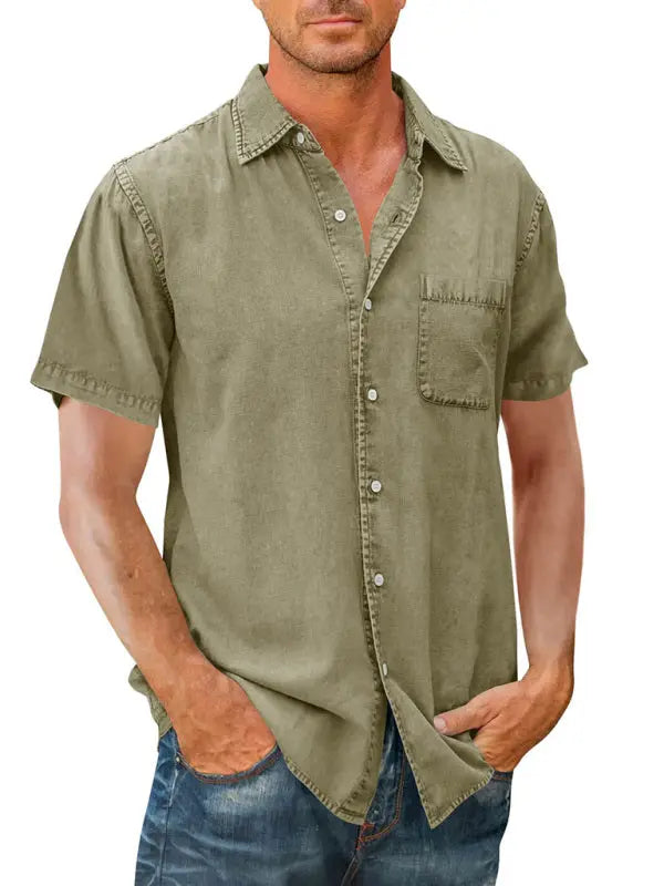 Men's Casual Solid Color Short Sleeve Shirt Slim Fit Lapel Shirt - Ladoj
