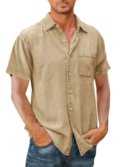 Men's Casual Solid Color Short Sleeve Shirt Slim Fit Lapel Shirt - Ladoj