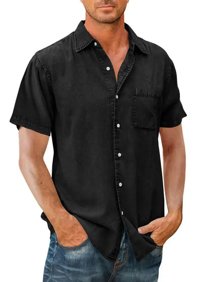 Men's Casual Solid Color Short Sleeve Shirt Slim Fit Lapel Shirt - Ladoj