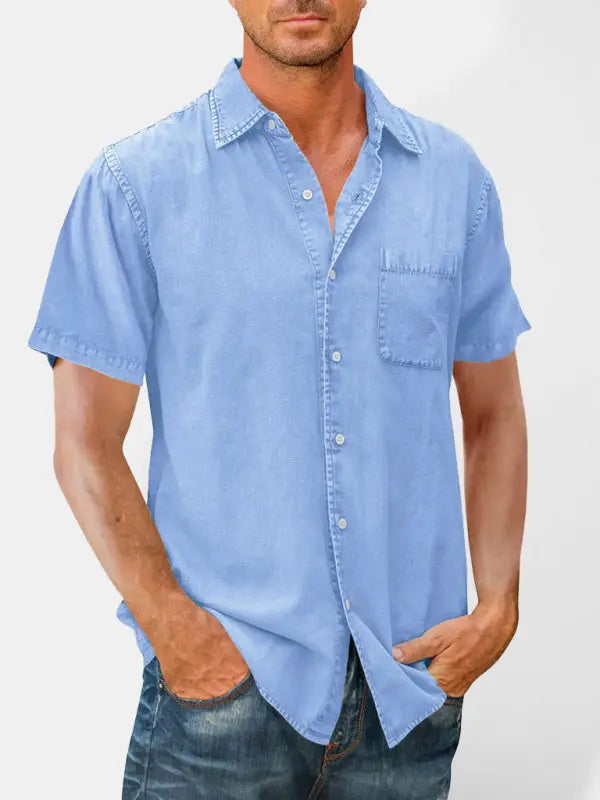 Men's Casual Solid Color Short Sleeve Shirt Slim Fit Lapel Shirt - Ladoj