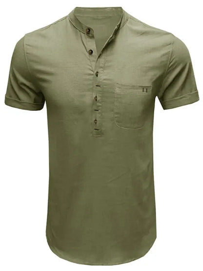 Men's woven solid color short-sleeved cotton and linen shirt - Ladoj