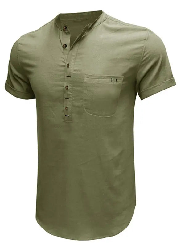 Men's woven solid color short-sleeved cotton and linen shirt - Ladoj