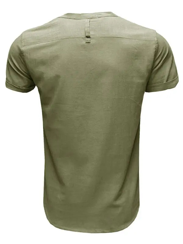 Men's woven solid color short-sleeved cotton and linen shirt - Ladoj