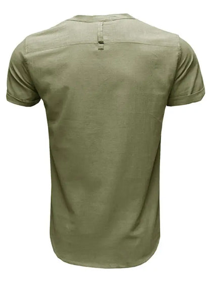 Men's woven solid color short-sleeved cotton and linen shirt - Ladoj