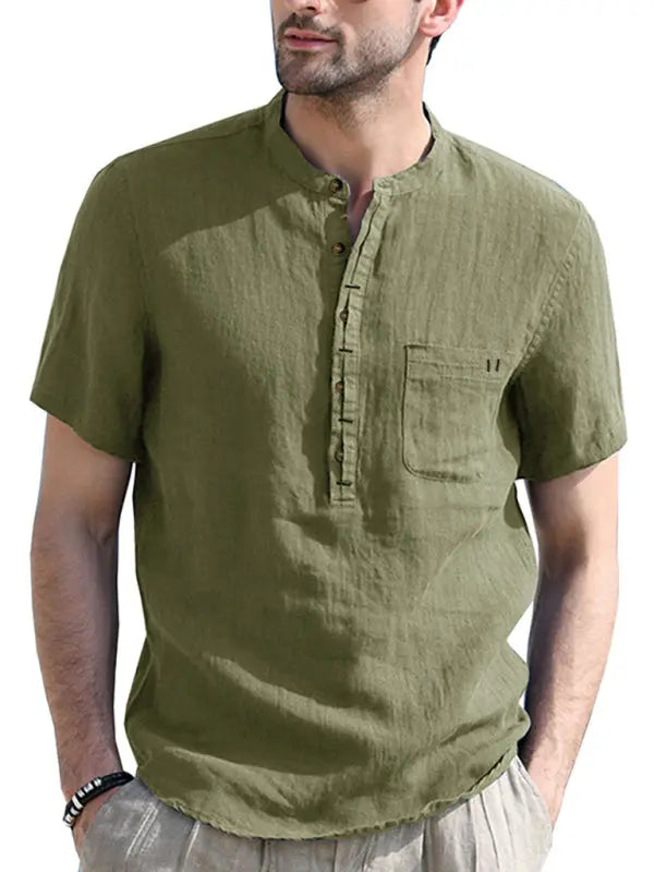 Men's woven solid color short-sleeved cotton and linen shirt - Ladoj