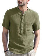Men's woven solid color short-sleeved cotton and linen shirt - Ladoj