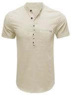 Men's woven solid color short-sleeved cotton and linen shirt - Ladoj