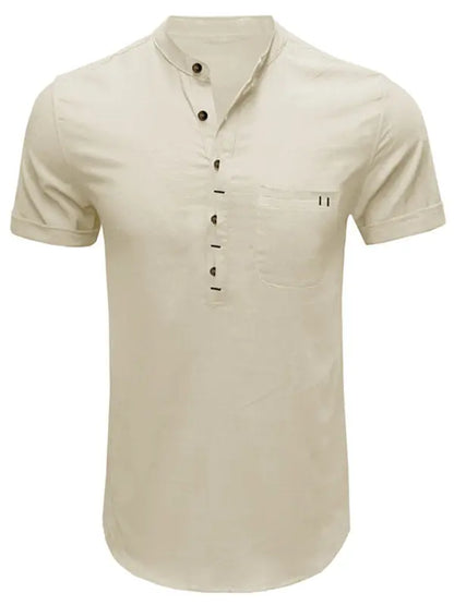 Men's woven solid color short-sleeved cotton and linen shirt - Ladoj