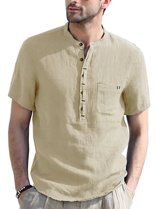 Men's woven solid color short-sleeved cotton and linen shirt - Ladoj