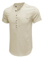 Men's woven solid color short-sleeved cotton and linen shirt - Ladoj