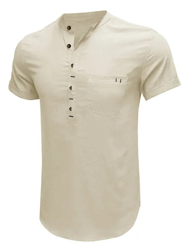 Men's woven solid color short-sleeved cotton and linen shirt - Ladoj