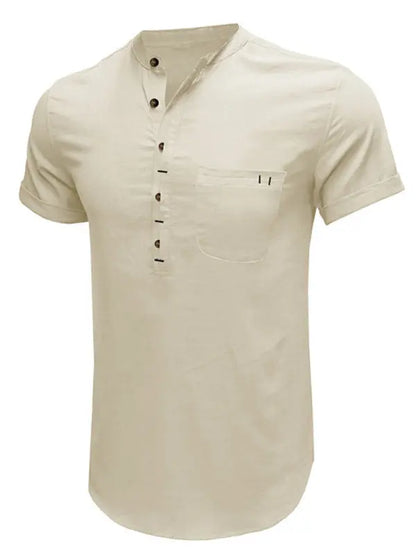 Men's woven solid color short-sleeved cotton and linen shirt - Ladoj
