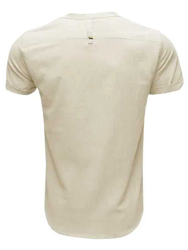 Men's woven solid color short-sleeved cotton and linen shirt - Ladoj