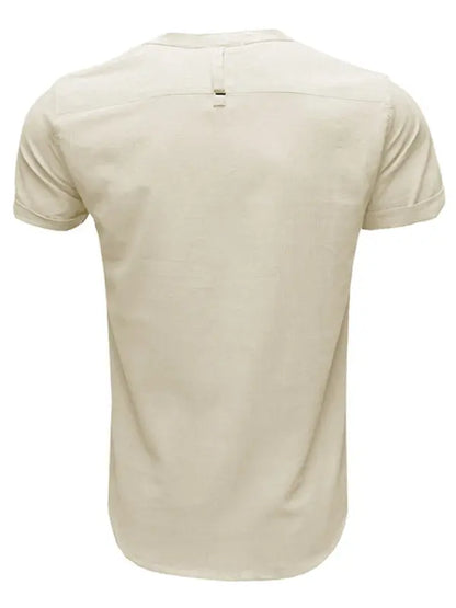 Men's woven solid color short-sleeved cotton and linen shirt - Ladoj