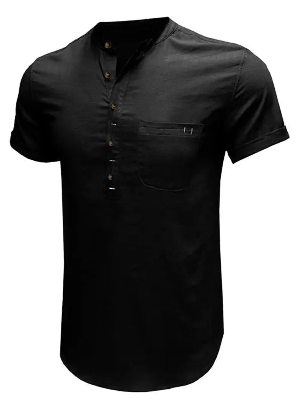 Men's woven solid color short-sleeved cotton and linen shirt - Ladoj