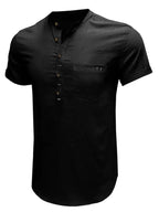 Men's woven solid color short-sleeved cotton and linen shirt - Ladoj