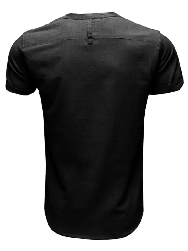 Men's woven solid color short-sleeved cotton and linen shirt - Ladoj