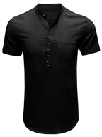 Men's woven solid color short-sleeved cotton and linen shirt - Ladoj