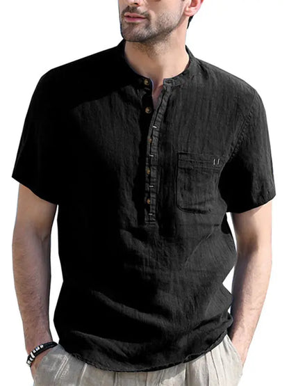 Men's woven solid color short-sleeved cotton and linen shirt - Ladoj