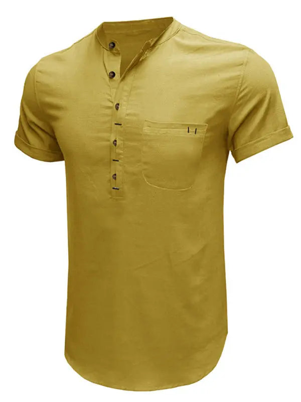 Men's woven solid color short-sleeved cotton and linen shirt - Ladoj