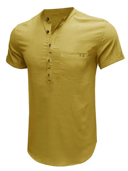 Men's woven solid color short-sleeved cotton and linen shirt - Ladoj