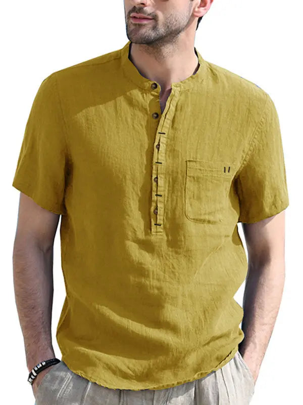 Men's woven solid color short-sleeved cotton and linen shirt - Ladoj