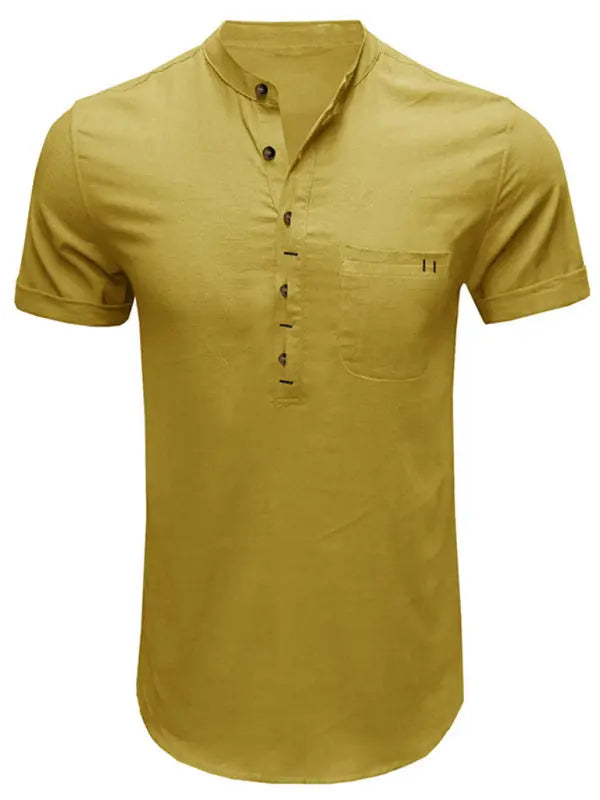 Men's woven solid color short-sleeved cotton and linen shirt - Ladoj