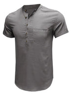 Men's woven solid color short-sleeved cotton and linen shirt - Ladoj