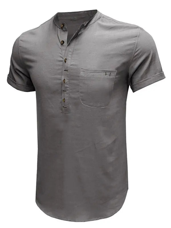 Men's woven solid color short-sleeved cotton and linen shirt - Ladoj