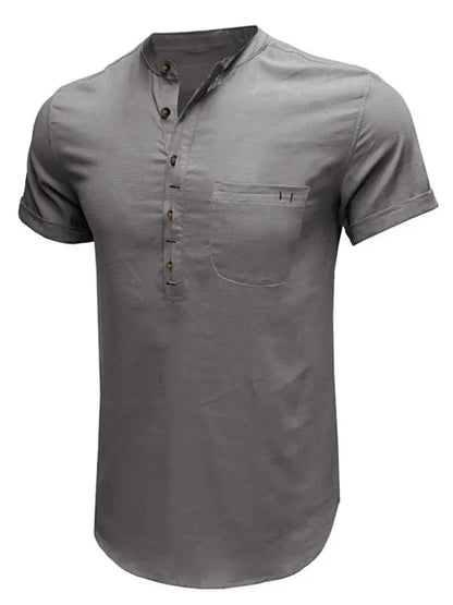 Men's woven solid color short-sleeved cotton and linen shirt - Ladoj