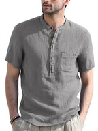 Men's woven solid color short-sleeved cotton and linen shirt - Ladoj