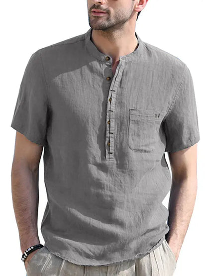 Men's woven solid color short-sleeved cotton and linen shirt - Ladoj