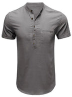 Men's woven solid color short-sleeved cotton and linen shirt - Ladoj