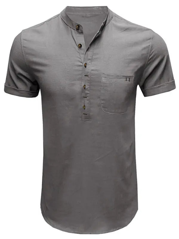 Men's woven solid color short-sleeved cotton and linen shirt - Ladoj