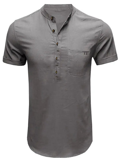 Men's woven solid color short-sleeved cotton and linen shirt - Ladoj