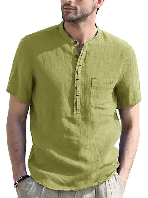 Men's woven solid color short-sleeved cotton and linen shirt - Ladoj